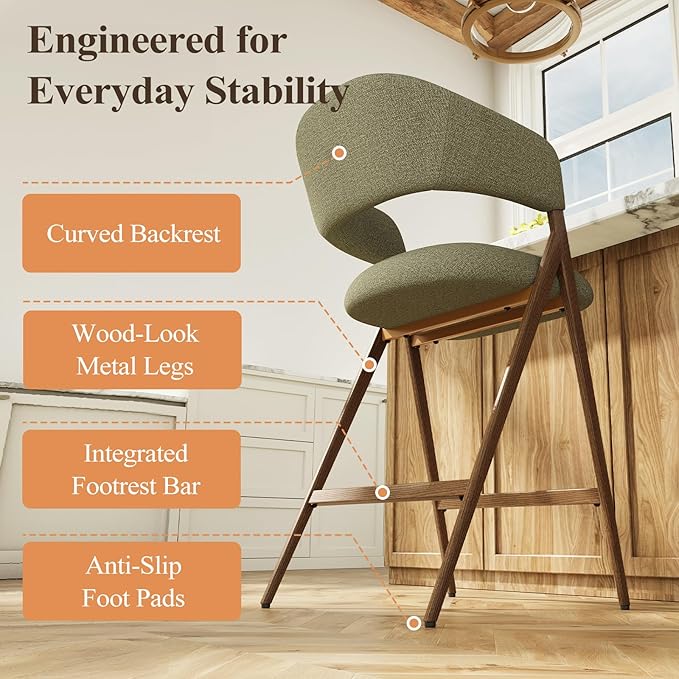 COLAMY Bar Stools Set of 2, Counter Height Bar Stools with Back, Modern Upholstered Island Stools with Metal Legs for Kitchen Island, Counter, Dining Room, Green