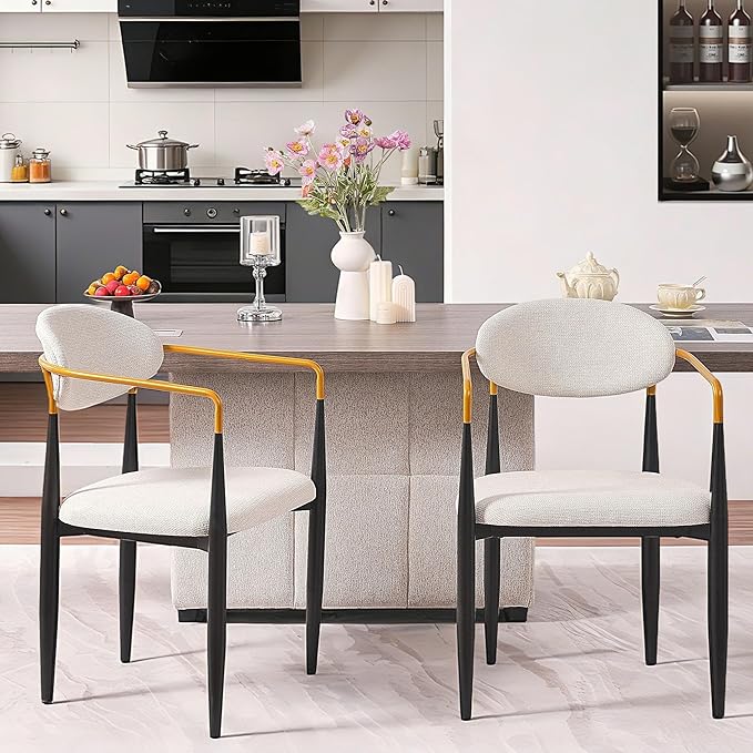 Modern Upholstered Accent Chair Set of 2 with Ergonomic Backrest,Gold Accented Armrests,Linen Fabric Seat,Black Metal Frame,Contemporary Seating for Dining Room,Kitchen Island (Beige,Dining Chair)