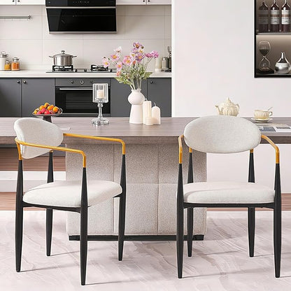 Modern Upholstered Accent Chair Set of 2 with Ergonomic Backrest,Gold Accented Armrests,Linen Fabric Seat,Black Metal Frame,Contemporary Seating for Dining Room,Kitchen Island (Beige,Dining Chair)
