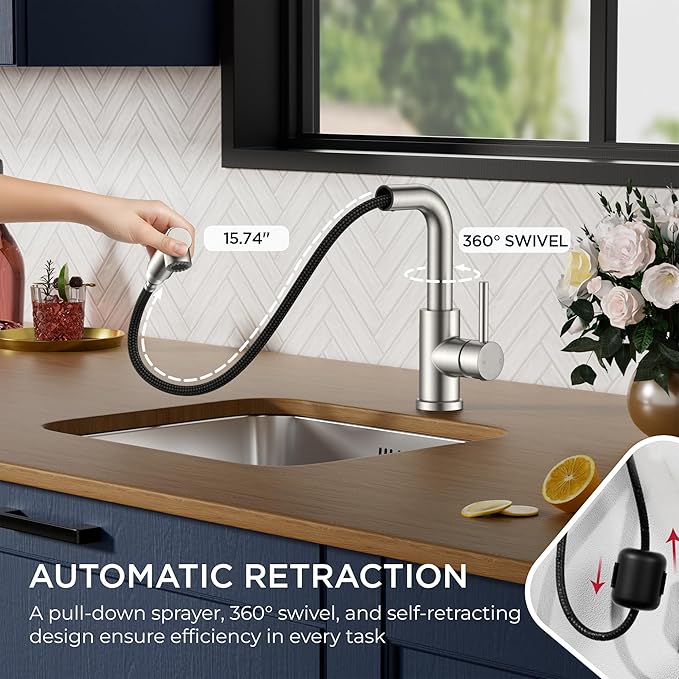 FORIOUS Modern Bar Sink Faucet Brushed Nickel, Stainless Steel Single Handle Small Kitchen Sink Faucet with Pull Out Sprayer, 360° Swivel Spout L-Shaped Design Suitable for Camper Outdoor Bathroom RV