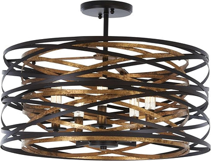 Minka Lavery 4671-111 Vortic Flow Semi-Flush, 5-Light, 300 Total Watts, 20-in H x 9-in W, Dark Bronze with Mosaic Gold Interior