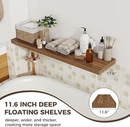 Fun Memories 12 Deep Floating Shelves for Wall, 48W x 12D Extra Large Floating Shelves Set of 2, Hanging Wood Wall Shelves for Living Room, Kitchen, Bedroom, Farmhouse, Laundry Room, Office - Walnut