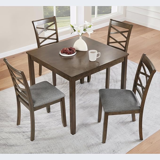 5-Piece Wooden Dining Table Set for 4, Modern Square Dining Room Table and Chairs Set of 4, Dining Table Set for 4 People for Kitchen and Dining Room, Walnut