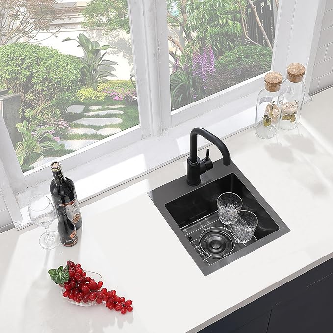 13x15 Inch Black Drop In Bar Sink, Black Small Bar Sink, Stainless Steel Bar Prep Sink, Kitchen Wet Sink for RV, Laundry, Single Bowl 16 Gauge Bar Sink with Bottom Grid, Strainer