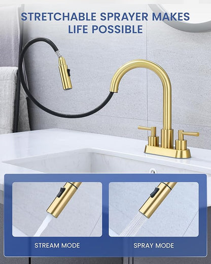 Bathroom Faucet with Pull Out Sprayer, Brushed Gold Bathroom Faucet 3 Holes, 2 Handle Bathroom Sink Faucet with 360 Degree Swivel Spout, Pop Up Drain Assembly Included