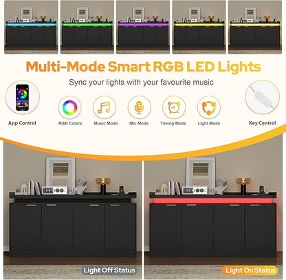 UNIQUITE 63" Sideboard Buffet Cabinet, Kitchen Buffet Cabinet Storage Cabinets with Power Outlets & LED Light, Modern Sideboard Coffee Bar Buffet Cabinets for Kitchen, Dinning, Living Room