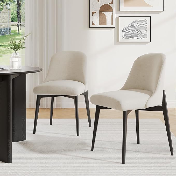 Wood Dining Chairs Set of 2, Modern Fabric Upholstered Kitchen Side Chairs with Black Wood Legs, Comfy Armless Side Chair for Living Room, Restaurant