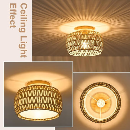 Boho Rattan Flush Mount Ceiling Lights 12 Inch Farmhouse Ceiling Light Fixtures Rustic Wicker Hand Woven Rope Cage for Dining Room Kitchen Bedroom Foyer Hallway Entryway