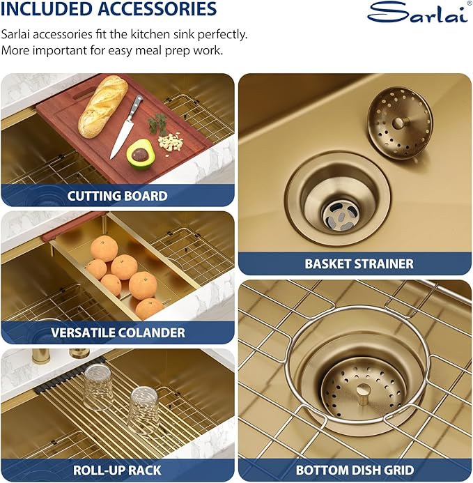 Sarlai 36 Inch Gold Undermount Kitchen Sink Double Bowl Large Workstation Low Divided Gold Stainless Steel Sink 16 Gauge 60/40 Sinks Double Basin