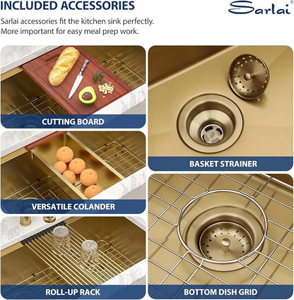 Sarlai 36 Inch Gold Undermount Kitchen Sink Double Bowl Large Workstation Low Divided Gold Stainless Steel Sink 16 Gauge 60/40 Sinks Double Basin