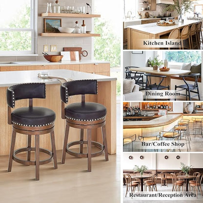 COLAMY Swivel Bar Stools Set of 3, Swivel Counter Height Barstools, 25 Inch Upholstered Barstools for Kitchen Island Dining Room Bar, Dark Brown