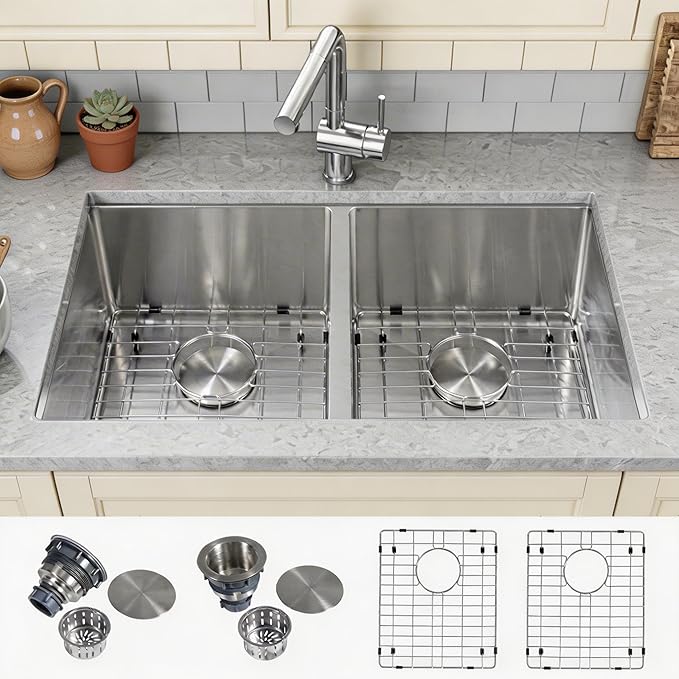 LQS Kitchen Sink 31x18, 31 Inch Undermount Kitchen Sink Double Bowl, Stainless Steel Sink and 50/50 Double Bowl with Two Sink Grids and Two Sink Strainers
