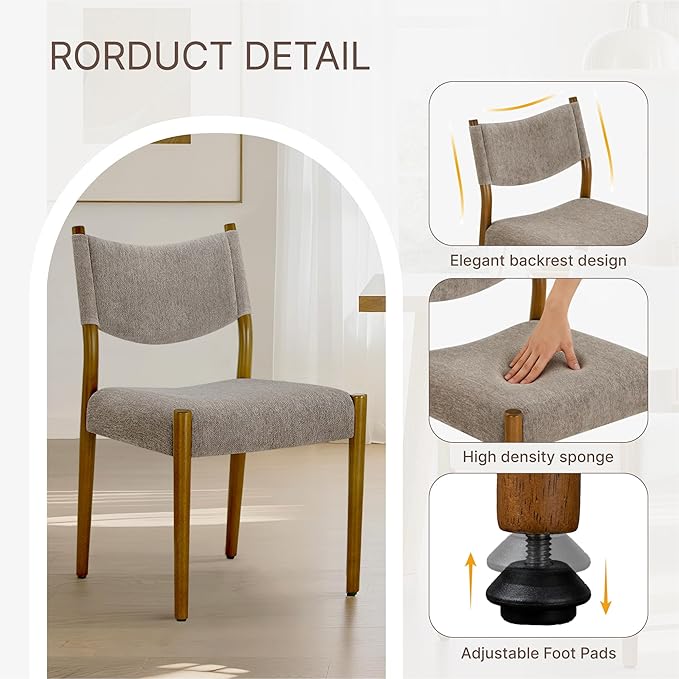 KISLOT Upholstered Dining Chairs Set of 2, Solid Wood Armless Kitchen Chairs with Soft Polyester Fabric, 18.9" Seat Height, Modern Dining Room Seating, 300 lbs Capacity, Brown