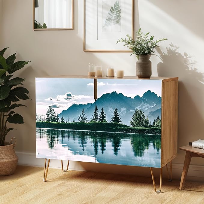 SIGNWIN Sideboard Buffet Cabinet, Kitchen Storage Cabinet with 2 Doors, Mountain Pine Tree Blue Sky Forestism, Cupboard Console Table for Dining Room - 35" L x 18" W x 29" H