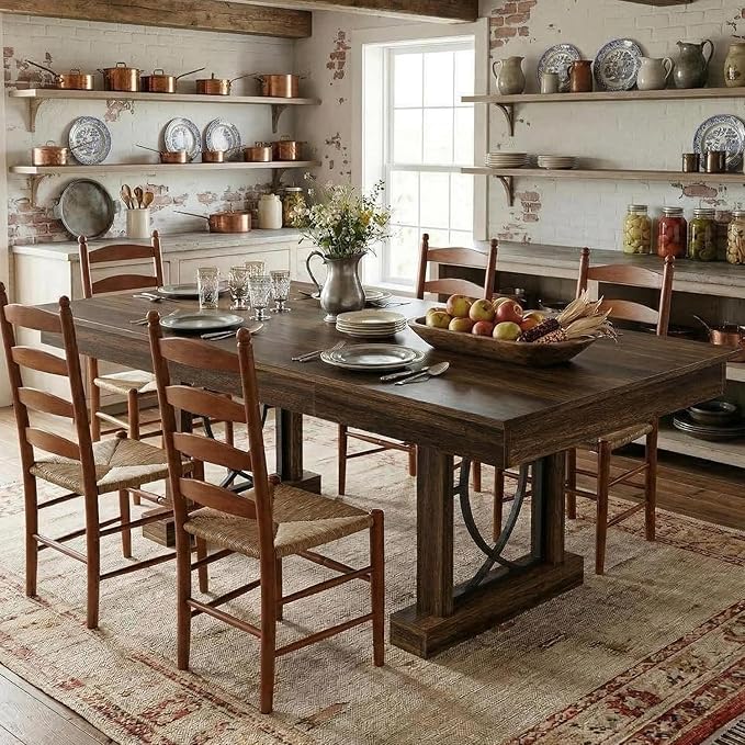 Garvee 71-Inch Dining Table for 6-8 with 2 Drawers, Large Dining Table with Sturdy Frame & Double Pedesta, 6 ft Wood Rectangular Dining Room Table w/Large Tabletop, for Kitchen, Dinner, Walnut