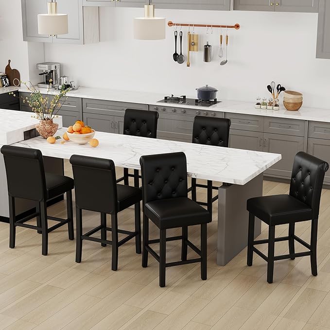 LSSBOUGHT 24 Inches Leather Counter Height Stools Set of 2 with Solid Wood Legs Bar Chairs for Kitchen lsland & Dining Room(Black,2PCS)