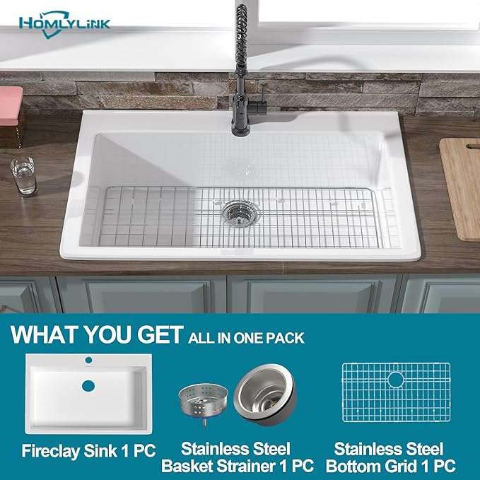 36x22 Drop In Kitchen Sink White 1 Hole, 36 Inch Topmount Fireclay Sink Drop In Single Bowl, Heavy Duty Large Capacity Deep Basin, with 2 Accessories, Pure White, for Kitchen