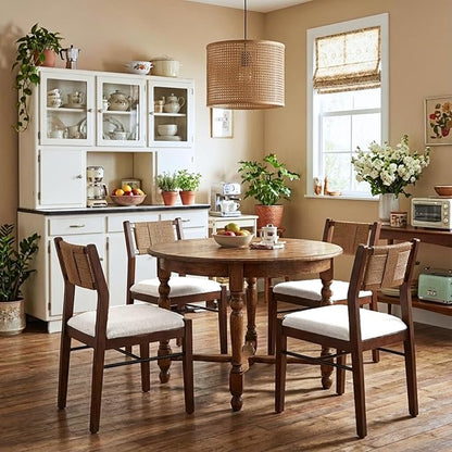 RIVOVA Farmhouse Woven Dining Chairs Set of 6 with Weave Paper Rope Back, White Chenille Upholstered Kitchen & Dining Room Chairs with Walnut Wood Legs, Mid-Century Armless Kitchen Side Chair