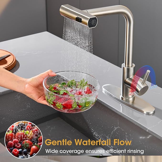 Waterfall Kitchen Faucet with Pull Down Sprayer, ARTIQUA Brushed Nickel Single Handle Kitchen Sink Faucet with Deck Plate Fits 1 or 3 Hole, for Bar RV Laundry Farmhouse Outdoor and Camper
