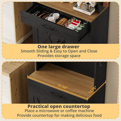 IRONCK Bakers Rack Microwave Stand with Customizable Pegboard and Storage, 71" Farmhouse Coffee Bar Cabinet with Drawer, Barn Doors, Adjustable Shelves for Kitchen, Dining Room, Living Room, Black