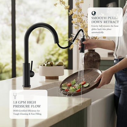 FORIOUS Kitchen Faucets with Pull Down Sprayer, Black Classic Single Handle Stainless Steel High Arc Faucet for Kitchen Sink, 1 Hole with Deck Plate Sink Faucet for Bar RV Farmhouse Outdoor Laundry