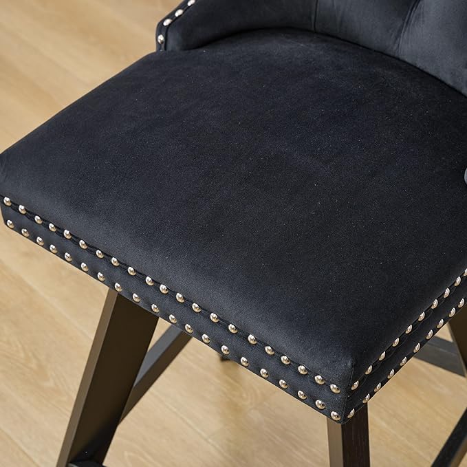 DONICK Velvet Swivel Counter Height Bar Stools,Modern Upholstered Bar Chairs Nailhead Backrest Pull Ring Solid Wood for Bar,Kitchen Island,Pub,Dining Room,Cafe(Black,Set of 2)