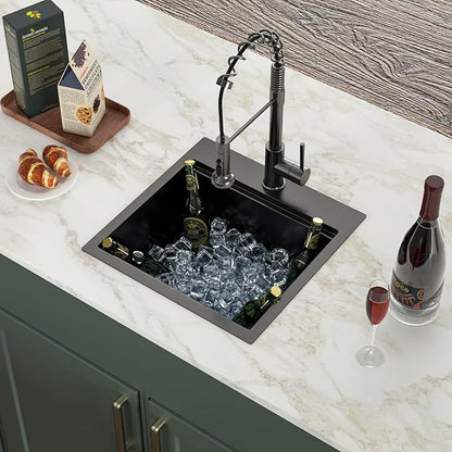 Logmey 18" Square Drop in Bar Sink,PVD Nano Gun Black 16 Gauge Stainless Steel,18x18x9 All in One Workstation Sink for Kitchen Prep,RV,Wet Bar & Outdoor