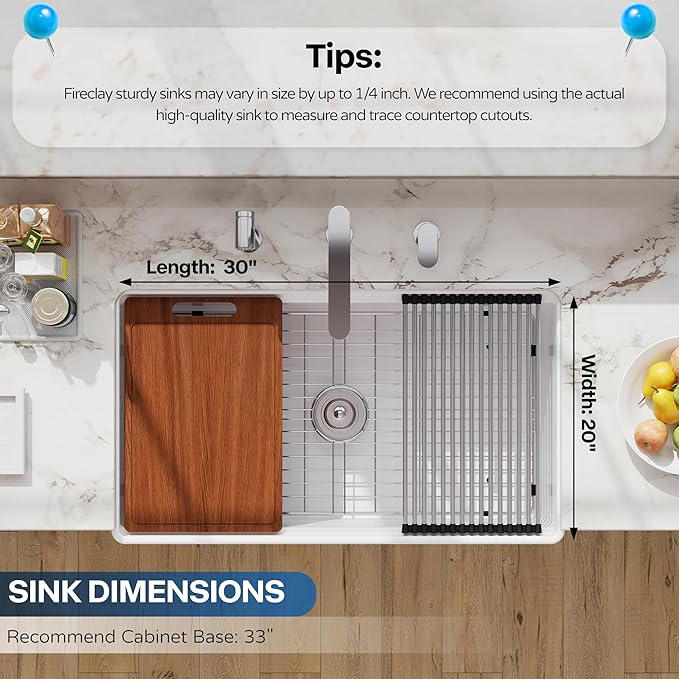 30 White Farmhouse Sink Reversible Workstation, Hugsleek Undermount Farm Kitchen Sink 30x20 inch Apron Front White Porcelain Ceramic Fireclay Sinks Single Bowl Under Counter Farmer Basin Accessories