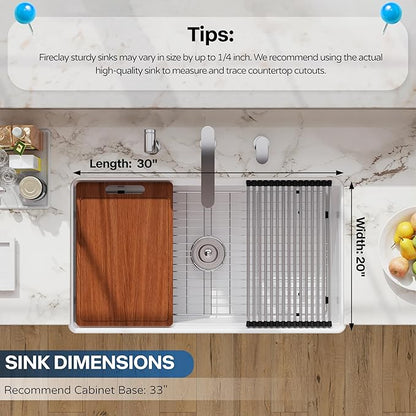 30 White Farmhouse Sink Reversible Workstation, Hugsleek Undermount Farm Kitchen Sink 30x20 inch Apron Front White Porcelain Ceramic Fireclay Sinks Single Bowl Under Counter Farmer Basin Accessories