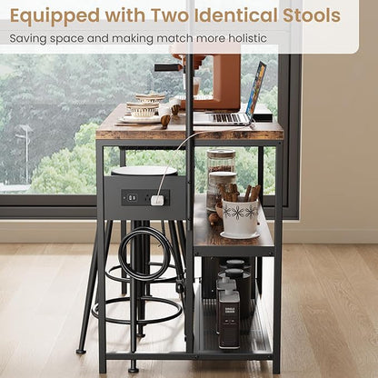Garvee Kitchen Island with Power Outlet & 2 Bar Stools, Industrial Bakers Rack with 3-Tier Shelves & 5 Hooks, Microwave Stand Coffee Bar Table for Dining Room, Living Room, Apartment