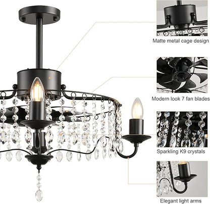 Garwarm 20in Ceiling Fans with Lights,Black Crystal Fandelier Bladeless Industrial Ceiling Fan with Remote,Flush Mount Ceiling Fan Lights for Bedroom Kitchen