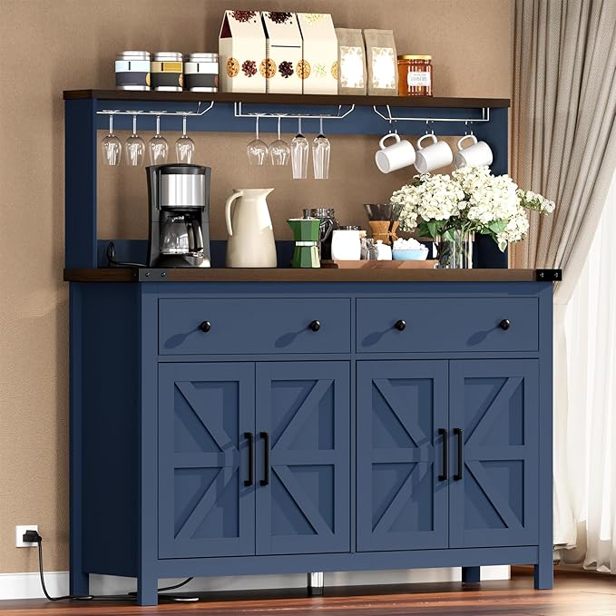 VVFLU Hutch Storage Buffet Cabinet with Drawers, and Charging Station, Coffee Bar Cabinet with Barn Doors, Wine Rack and Hooks, Blue Wood Sideboard Buffet for Kitchen, Dining Room, 54.1" High