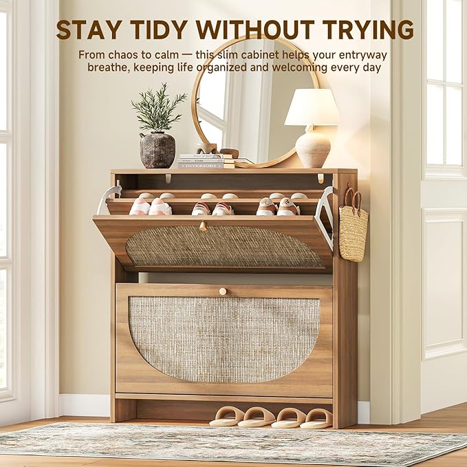 Nicetree Freestanding Ultra Slim Arched Rattan Accent Shoe Storage Cabinet for Entryway - 2 Flip Drawers & 3-Tier Adjustable Shelves, Farmhouse Modern Rustic Shoe Rack for Hallway Foyer,Brown