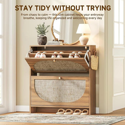 Nicetree Freestanding Ultra Slim Arched Rattan Accent Shoe Storage Cabinet for Entryway - 2 Flip Drawers & 3-Tier Adjustable Shelves, Farmhouse Modern Rustic Shoe Rack for Hallway Foyer,Brown