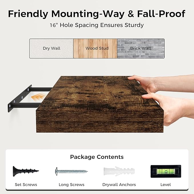 12 Inch Deep Floating Shelves, 16 x 12 Floating Shelf for Books, Rustic Wood Deep Wall Shelves for Home Storage & Display, 2" Thicked Shelves for Kitchen, Living Room, Bedroom, Rustic Brown, 2 Pack
