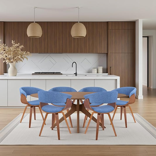 Armen Living Summer Mid-Century Chair in Blue Fabric with Walnut Wood Finish - Set of 6