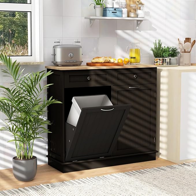 Giantex Tilt Out Trash Can Cabinet, Kitchen Island Table w/RubberWood Top, 2 Drawers, Adjustable Shelf for Hidden Laundry Hamper, Pet Proof Garbage Can for Dining Living Room (Brown, 15.5 Gal)