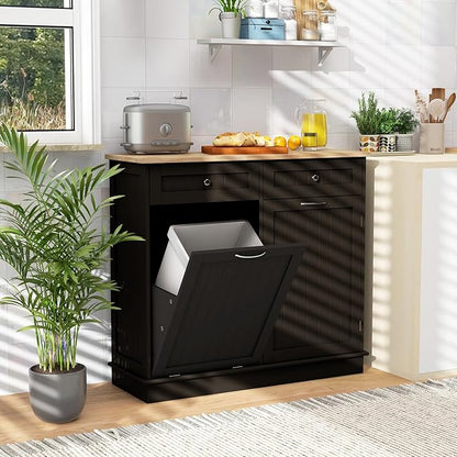 Giantex Tilt Out Trash Can Cabinet, Kitchen Island Table w/RubberWood Top, 2 Drawers, Adjustable Shelf for Hidden Laundry Hamper, Pet Proof Garbage Can for Dining Living Room (Brown, 15.5 Gal)