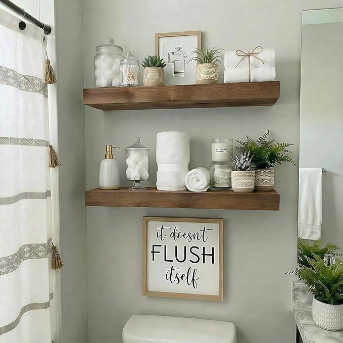 BBE Floating Shelves for Room Wall Rustic Walnut Wooden Bathroom Wall-Mounted Shelf Over Toilet Decor 16 Inch Storage Wood Shelves for Living Room, Bedroom, Kitchen Farmhouse 16D x 6.7W Set of 2