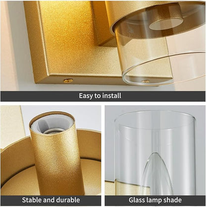 WUZUPS Set of 2 1-Light Bathroom Wall Light Fixture Over Mirror Flat Class Shade Morden Vanity Scones for Bathroom Bedroom Living Room, E12 Base, Gold