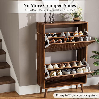Nicetree Shoe Cabinet Storage for Entryway, 9.45" Narrow Shoe Organizer with Architectural Arched Fluted Front, Slim Shoe Rack with Adjustable Shelves,Fits Size 12 Shoes,Timeless Walnut