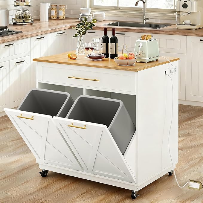 YITAHOME Double Tilt Out Trash Cabinet with Power Outlet, Hidden Trash Cabinet Fit 20-Gallon Bin, Pet-Proof Rolling Garbage Can Storage, Garbage and Recycling Island for Kitchen Dining Room, White