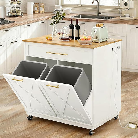YITAHOME Double Tilt Out Trash Cabinet with Power Outlet, Hidden Trash Cabinet Fit 20-Gallon Bin, Pet-Proof Rolling Garbage Can Storage, Garbage and Recycling Island for Kitchen Dining Room, White