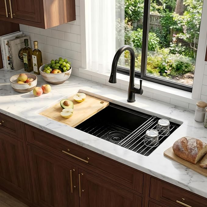 Kitsitchen Black Undermount Kitchen Sink, Black Stainless Steel Kitchen Sink, 32 Inch Large and Deep Handmade Single Bowl Kitchen Sinks with Practical Accessories, 16G Stainless Steel Material