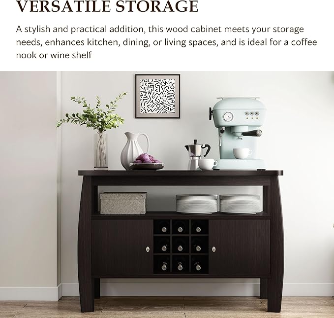 Furniture of America Clyton Modern Kitchen Buffet Storage Cabinet with Doors and Shelves, Wood Sideboard Table, Coffee Bars & 9 Grid Wine Rack, for Dining, Living Room, Dark Espresso