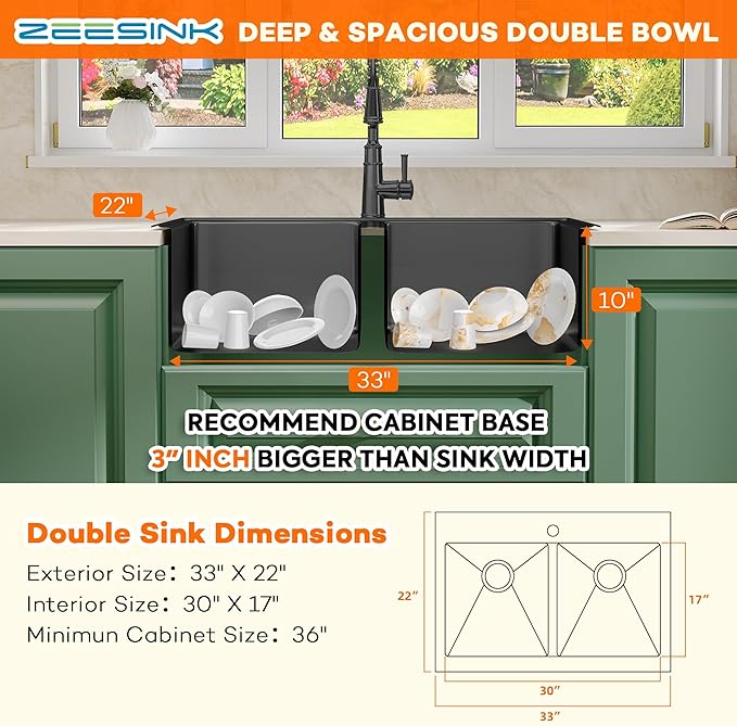 Black Kitchen Sink,33 X 22 inch Drop in Kitchen Sinks Double Bowl,16 Gauge Stainless Steel 50/50 Double Sink,Top Mount/Drop In Double Kitchen Sink 33 inch