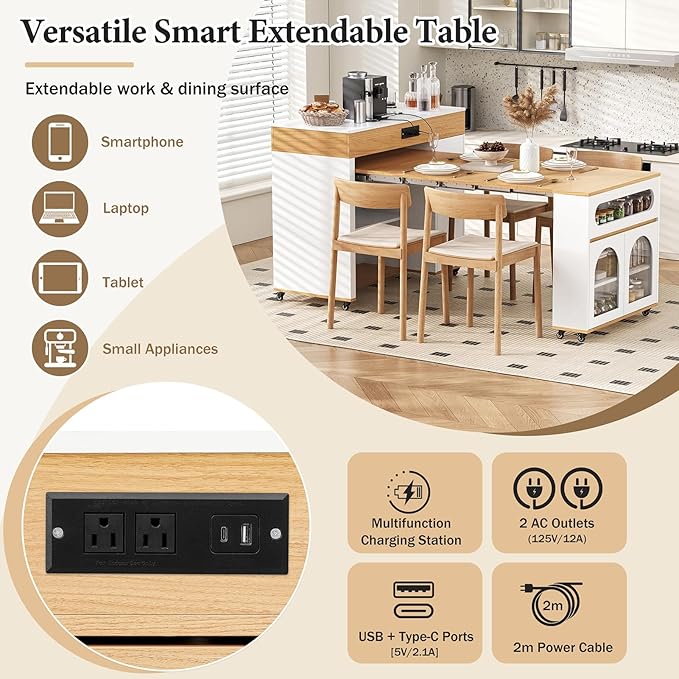 Extendable Kitchen Island with Extended Dining Table and Power Outlet, Rolling Kitchen Island with Drawers, and Brake Lock, Storage Cabinet for Kitchen and Dining Room (Natural + Creamy White)