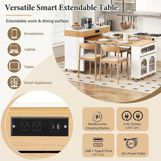 Extendable Kitchen Island with Extended Dining Table and Power Outlet, Rolling Kitchen Island with Drawers, and Brake Lock, Storage Cabinet for Kitchen and Dining Room (Natural + Creamy White)