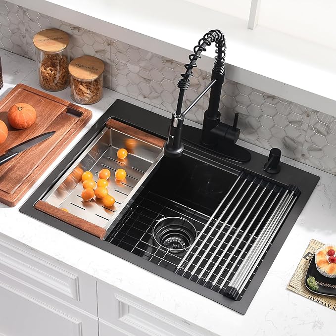 25x22 Black Drop In Kitchen Sink with Faucet Combo - 25 Inch Stainless Steel Workstation Kitchen Sink and Faucet Combo Set, Single Bowl Drop In Sinks Black with Accessories