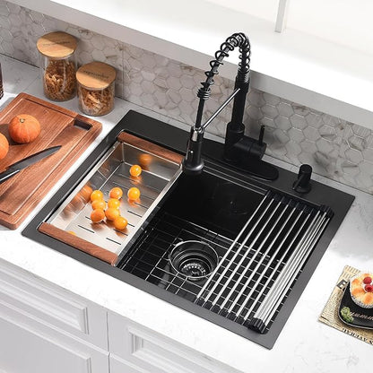 25x22 Black Drop In Kitchen Sink with Faucet Combo - 25 Inch Stainless Steel Workstation Kitchen Sink and Faucet Combo Set, Single Bowl Drop In Sinks Black with Accessories